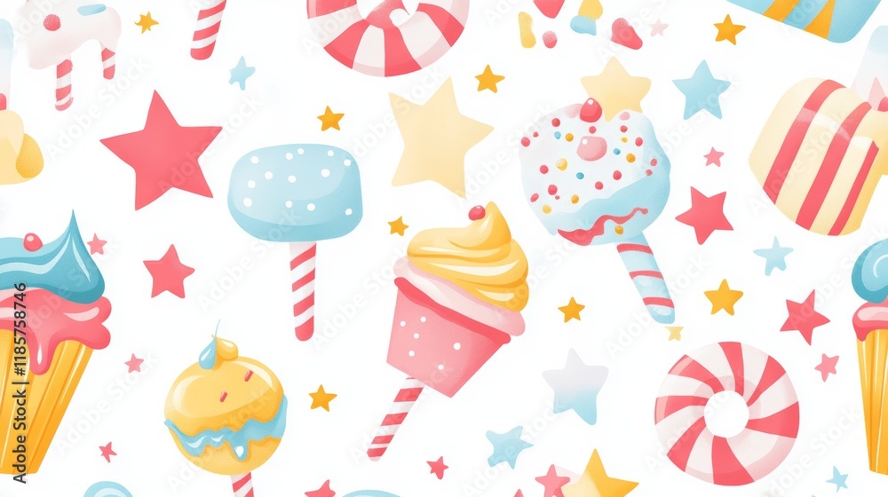 Seamless pattern with carousel, cotton candy,cake,candy,star.Attraction.Entertaiment.Baby print.Fabric design for little girl.Childhood.Sweet food.Cafe. Seamless pattern with carousel, cotton candy,cake,candy,star.Attraction.Entertaiment.Baby print.Fabric design for little girl.Childhood.Sweet food.Cafe.