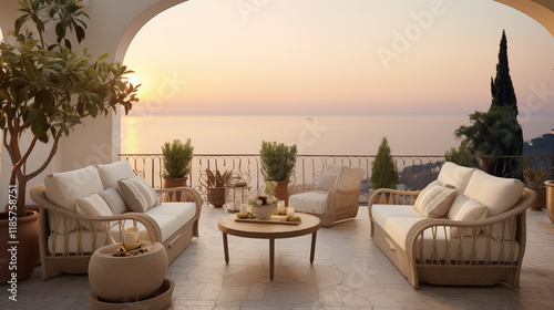 Wallpaper Mural Luxurious outdoor terrace with wicker furniture, potted plants, and a stunning sunset sea view. Perfect for showcasing beachside lifestyle products. Torontodigital.ca