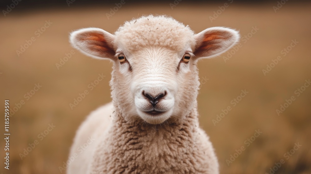 Close-up portrait of a fluffy sheep looking directly at the camera in a field. Close-up portrait of a fluffy sheep looking directly at the camera in a field.
