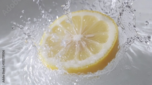 A lemon slice plopping into water, with a burst of water droplets, centered on a pristine white backdrop. photo