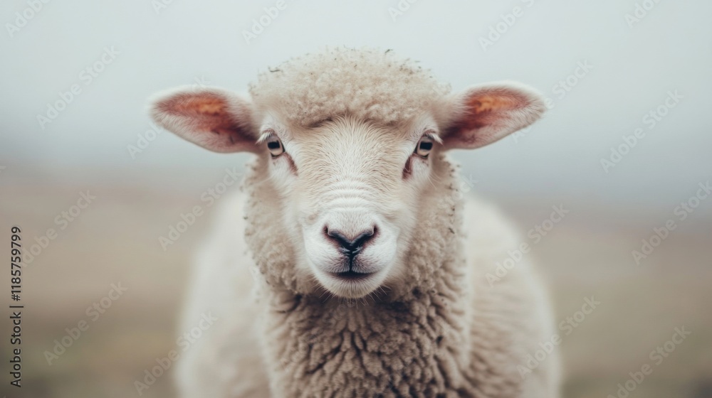 Close-up portrait of a fluffy white sheep staring directly at the camera. Close-up portrait of a fluffy white sheep staring directly at the camera.