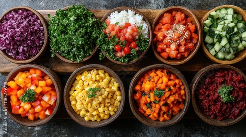 Fresh Vegan Ingredients in Colorful Bowls photo