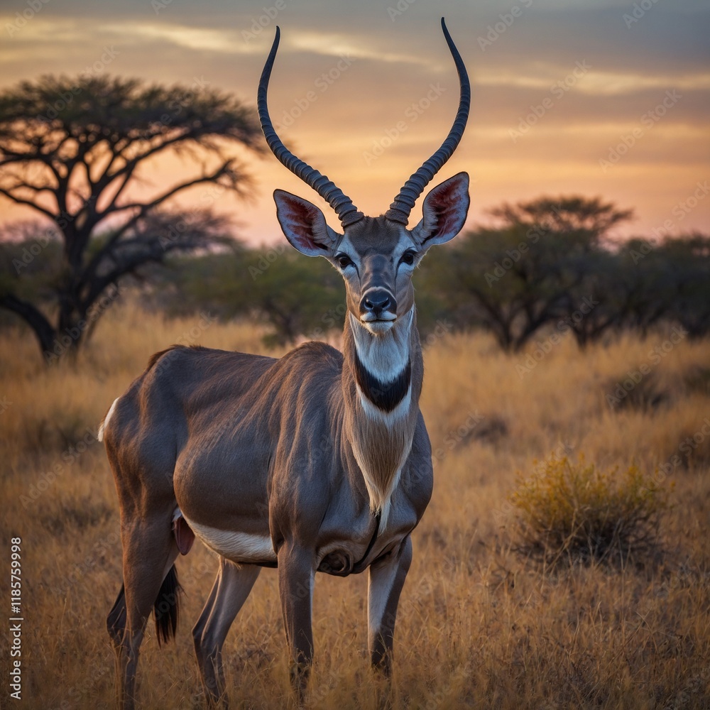Obraz premium A kudu antelope standing in a surreal multicolored savanna at dusk.