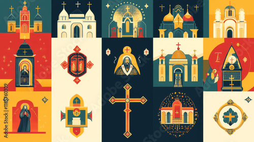 Christian religious sketch posters, Orthodox community religion symbols. Vector Catholic, Protestant or Evangelic and Baptist church, holy bible and pope bishop mitre with crucifix cross photo