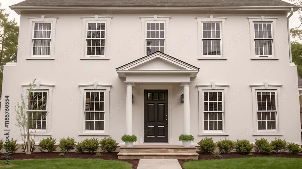 A two-story, white stucco house with a portico featuring four white columns and a dark brown door. The house has multiple multi-paned windows and landscaping along the front. A two-story, white stucco house with a portico featuring four white columns and a dark brown door. The house has multiple multi-paned windows and landscaping along the front.