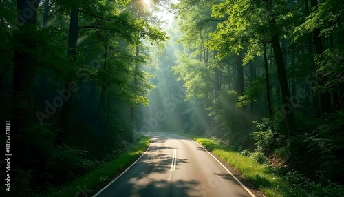 A serene road winds through a lively forest, with sunlight streaming through the leafy boughs