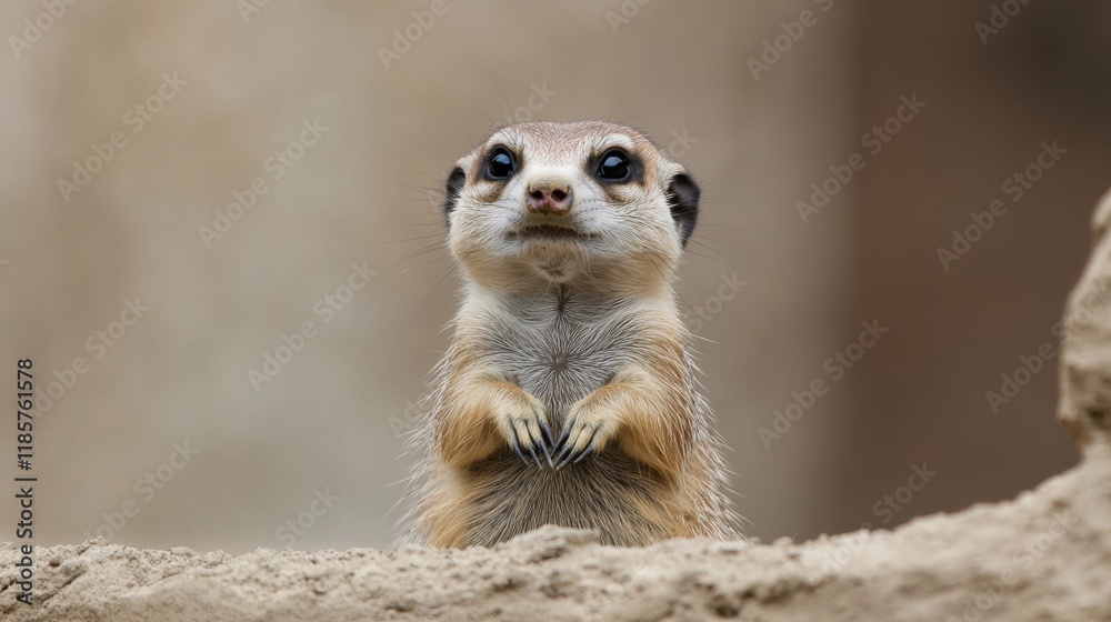 Fototapeta premium Curious meerkat standing upright, paws together, looking directly at the camera.