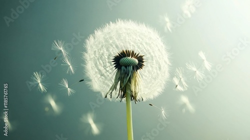 A dandelion flower in full seed release, with a soft wind gently blowing its seeds, set against a plain white background.  photo