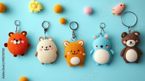 Fototapeta Naklejka Na Ścianę i Meble -  Cute animal-themed keychains with colorful pom-poms, five keychains featuring cartoonish animal faces arranged on light blue background with small colorful pom-poms, concept for cute accessories, DIY