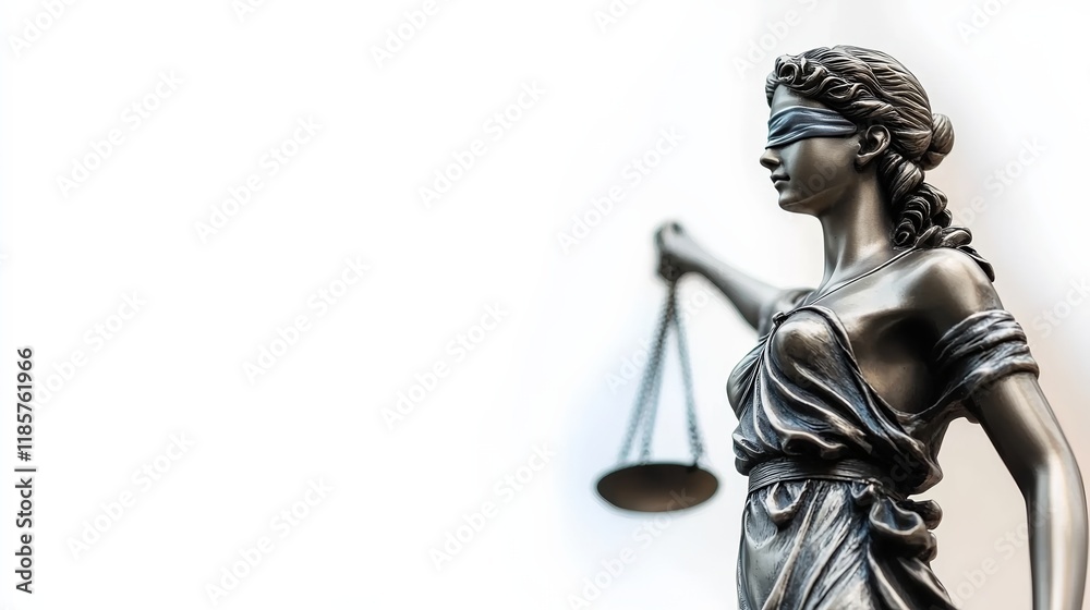 Fototapeta premium Statue of lady justice on bright background - Side view with copy space.