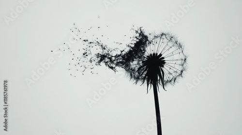 A delicate dandelion puff blowing gently in the wind, with seeds drifting away against a pure white background. 