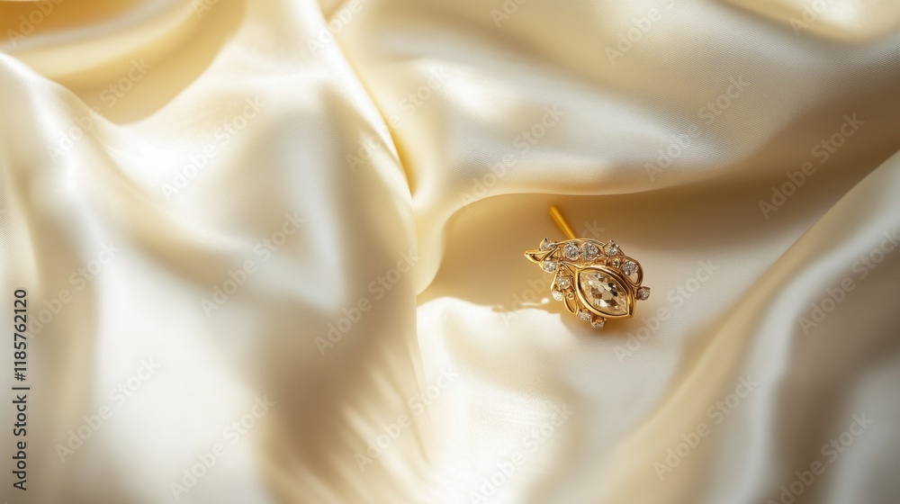 A Close up of a Gold Broach Sitting on Top of a Satin Sheet - Generative AI A Close up of a Gold Broach Sitting on Top of a Satin Sheet - Generative AI