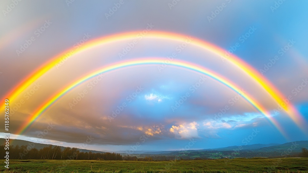 A double rainbow with both arcs brightly colored, spanning across a white background for a magical effect. A double rainbow with both arcs brightly colored, spanning across a white background for a magical effect.