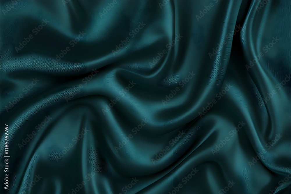 Fototapeta premium Teal silk fabric drapes, soft folds, dark background, textile design