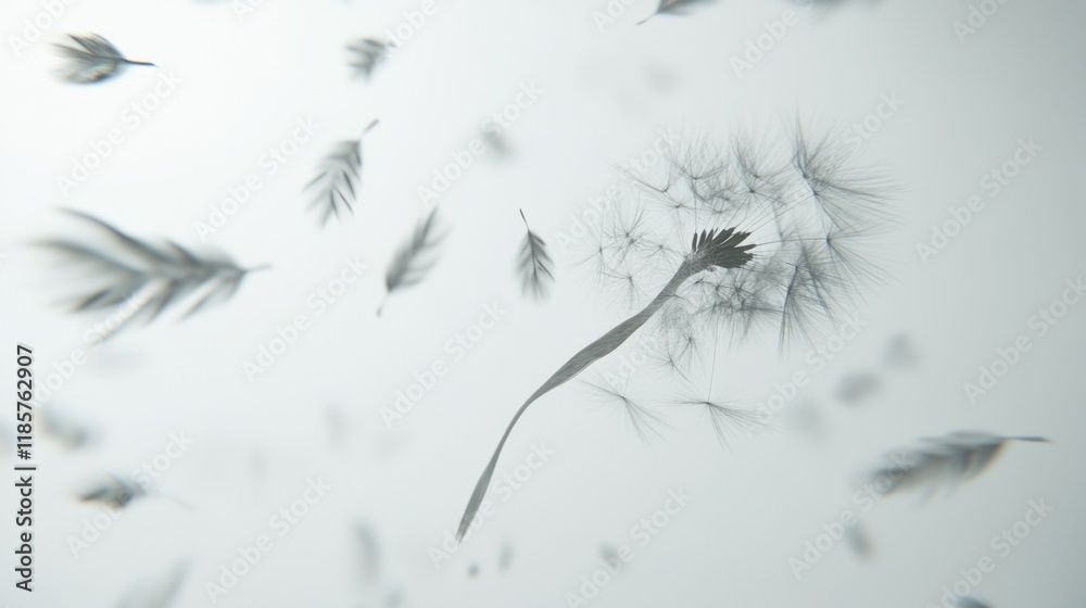 Obraz premium A single dandelion seed caught in mid-air, swirling in the wind with more seeds floating in the background, set on a clean white background.