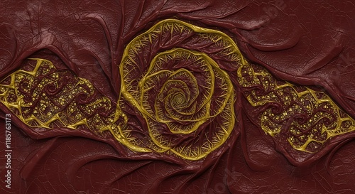 Abstract Golden Spiral on Red Leather Texture Background Design