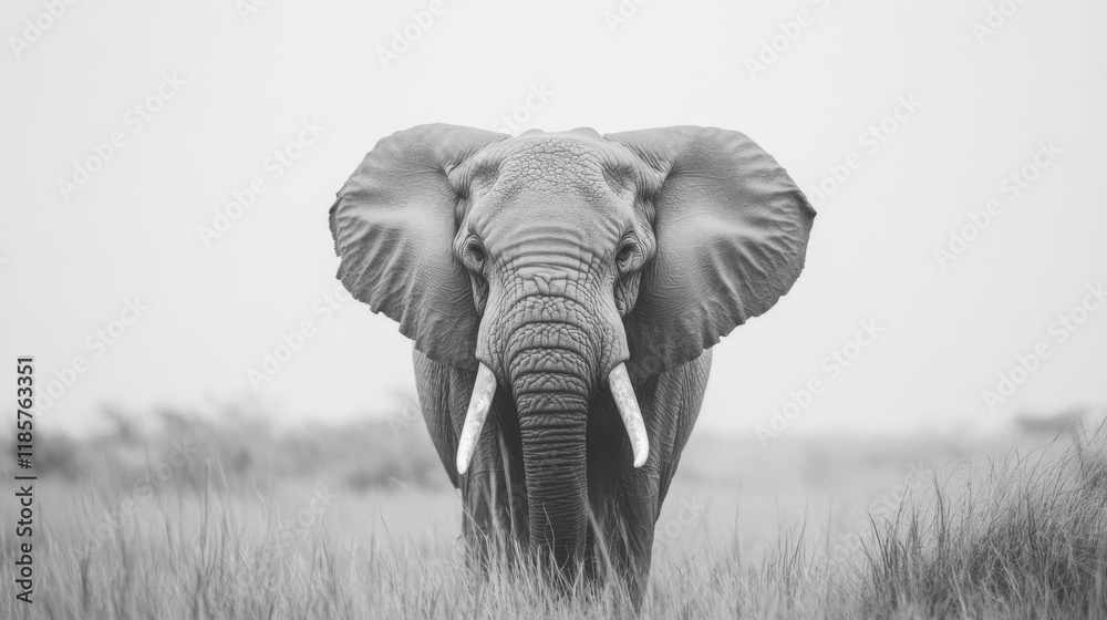 Naklejka premium Majestic elephant in monochrome, facing forward in tall grass.