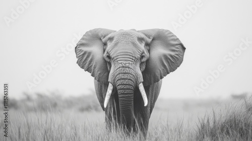Majestic elephant in monochrome, facing forward in tall grass.