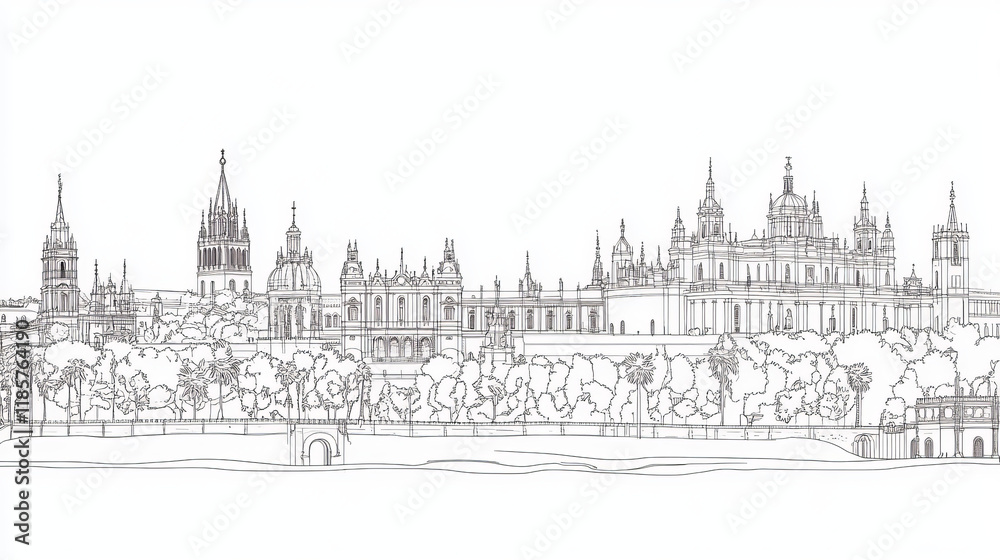 Colorful thin line travel landmarks of spanish architecture with Cathedral of Santa Maria in Palma and Barcelona Cathedral, Royal Palace in Madrid, Alhambra, Royal Palace of La Almudaina in Palma Colorful thin line travel landmarks of spanish architecture with Cathedral of Santa Maria in Palma and Barcelona Cathedral, Royal Palace in Madrid, Alhambra, Royal Palace of La Almudaina in Palma