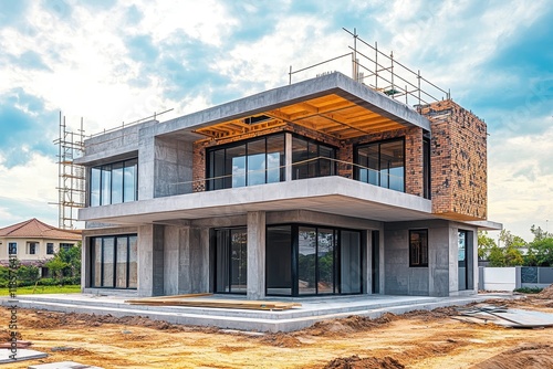 Modern concrete house under construction, brick accents. Illustrates progress in residential building projects.