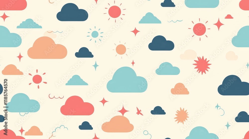 Colorful Sky Pattern with Sun and Cloud Illustrations for Design Colorful Sky Pattern with Sun and Cloud Illustrations for Design