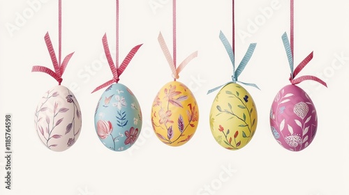 Hand painted Easter eggs hanging on ribbons. photo