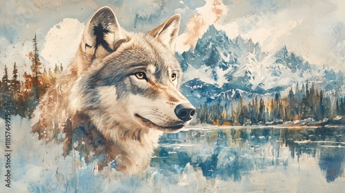 The majestic Alaskan wolf, symbolizing the forest's spirit, captured in a watercolor artwork crafted with Stock stock technology.