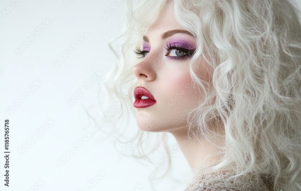 Close-up of a blonde model with curly hair, wearing purple eyeshadow, pink blush, and violet lips Close-up of a blonde model with curly hair, wearing purple eyeshadow, pink blush, and violet lips