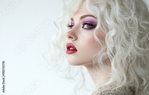 Wallpaper Mural Close-up of a blonde model with curly hair, wearing purple eyeshadow, pink blush, and violet lips Torontodigital.ca