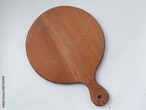 wooden chopping board on white background, isolated. detail from above