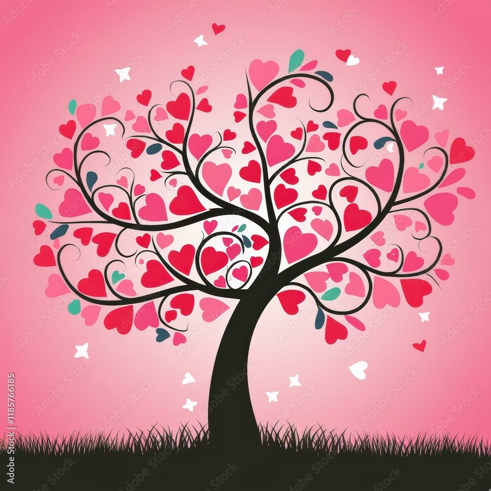 Fototapeta premium Whimsical Heart Tree Illustration Pink Background Valentine's Day