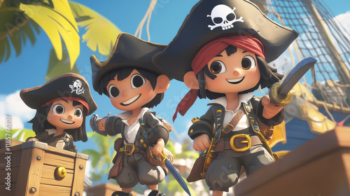 Kid pirate and corsair characters. Cartoon cute pirate boys and girls vector personages with captain hats, treasure maps and chest, hooks, swords, black flag and bandanas. Happy kid corsairs crew