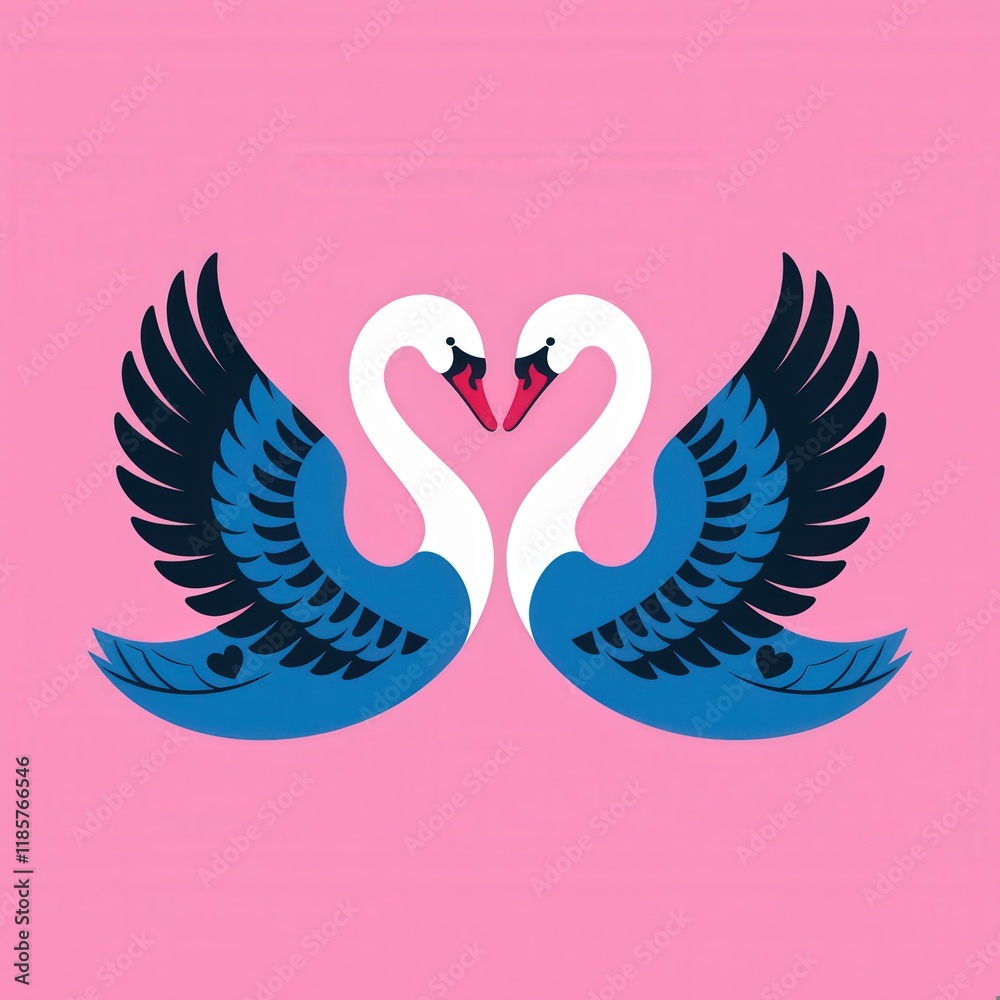 Romantic Blue White Swans Heart Illustration Pink Background Romantic Blue White Swans Heart Illustration Pink Background