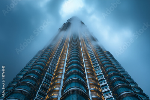 Low angle perspective of an elegant high rise skyscraper shrounded in clouds and mist. photo