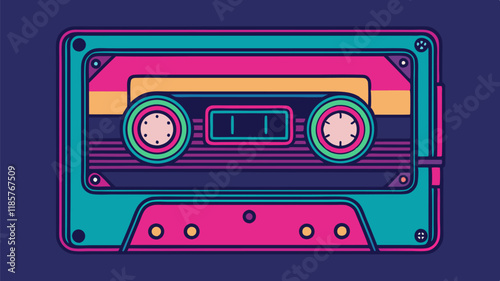 Retro cassette tape with neon highlights in vibrant color scheme for music design