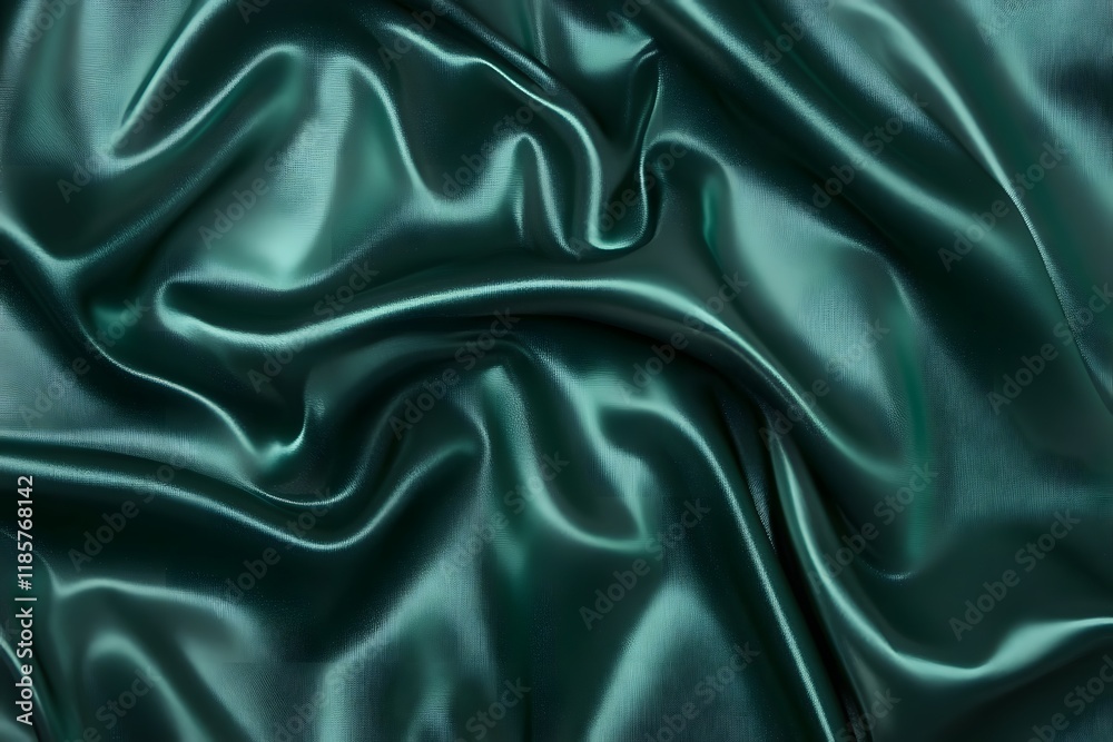 Fototapeta premium Teal silk fabric drapes, studio shot, smooth texture, background blur, textile design (2)