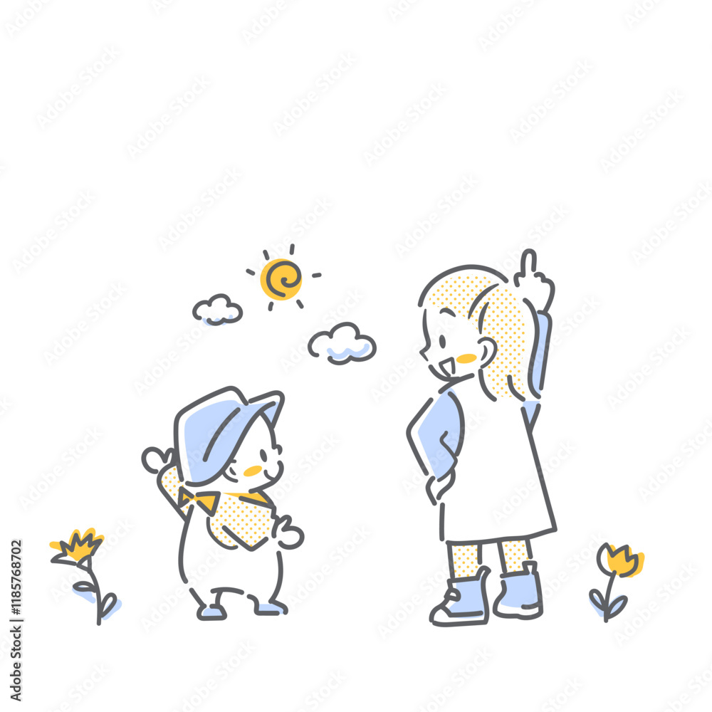 明るい未来を指差す赤ちゃんと女の子　シンプルでカワイイ線画イラスト
