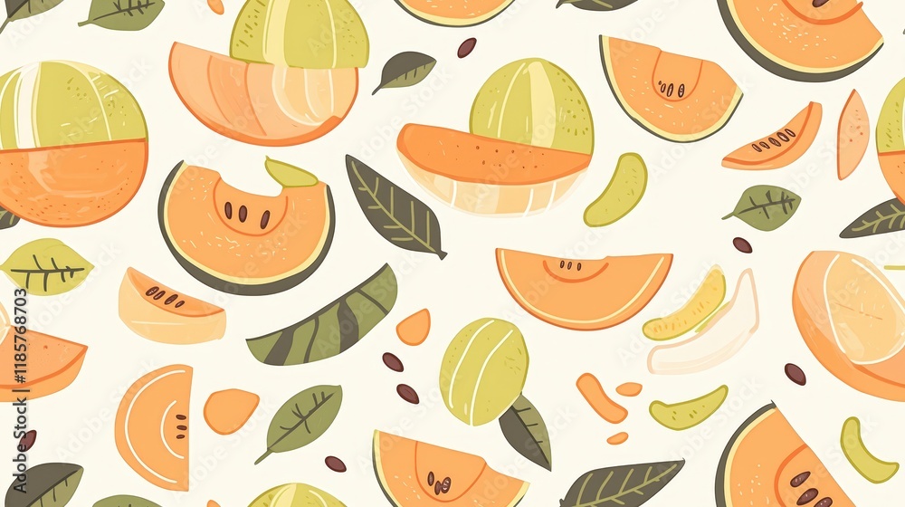Vibrant Melon and Leaf Pattern on Soft Cream Background Vibrant Melon and Leaf Pattern on Soft Cream Background