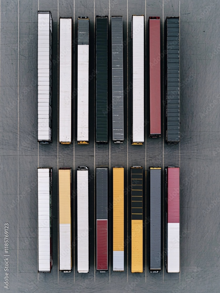 Naklejka premium Fleet of cargo trucks lined up in a transportation depot, awaiting dispatch under a clear logistics strategy