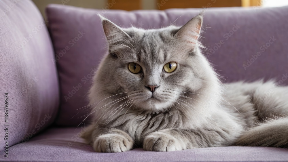 Obraz premium Lilac british longhair cat lying on sofa at home