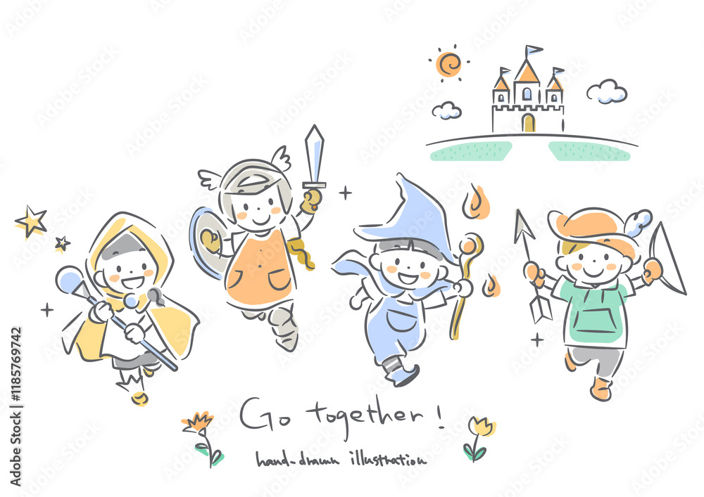 Children who use their individuality to achieve goals with their friends - Simple and cute line drawing illustration Children who use their individuality to achieve goals with their friends - Simple and cute line drawing illustration