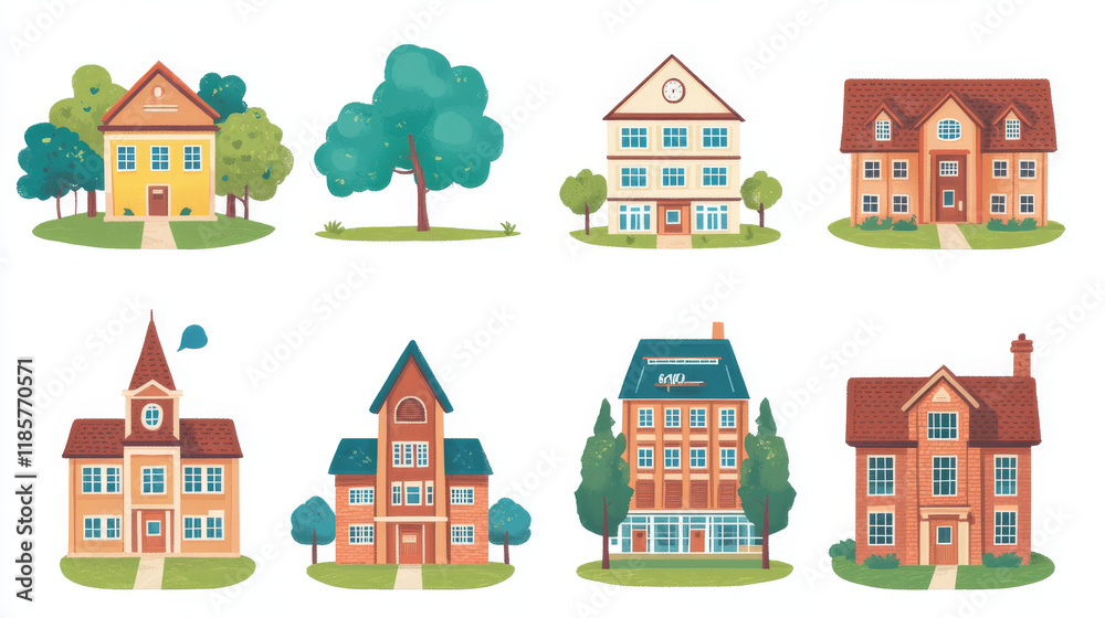 School building isolated icons of education architecture vector design. High, elementary and preschool, primary, junior and grade school buildings, public construction exteriors, facades and entrances School building isolated icons of education architecture vector design. High, elementary and preschool, primary, junior and grade school buildings, public construction exteriors, facades and entrances