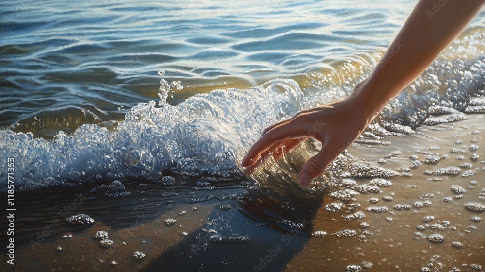 Fototapeta premium Hand Gently Touches a Gentle Ocean Wave