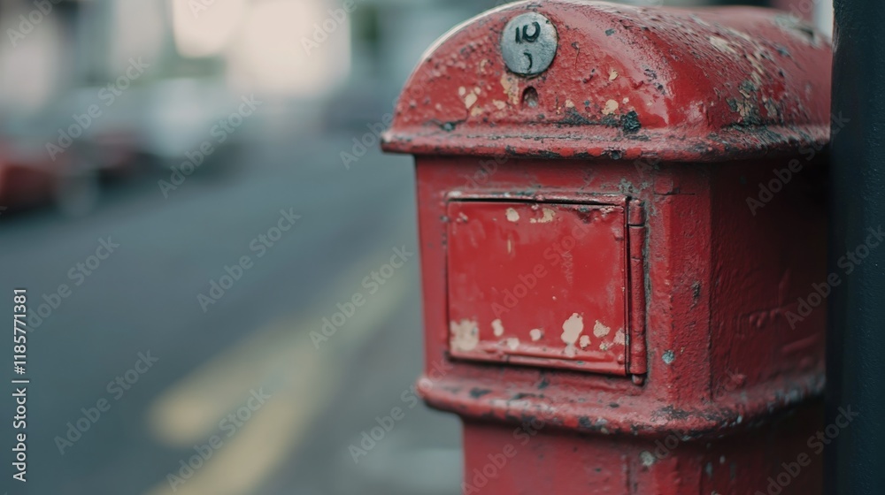 Historic red mailbox stands prominently on a British street, symbolizing timeless communication and cultural heritage. Historic red mailbox stands prominently on a British street, symbolizing timeless communication and cultural heritage.