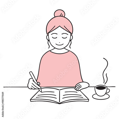 コーヒーを飲みながら穏やかノートを書く女性