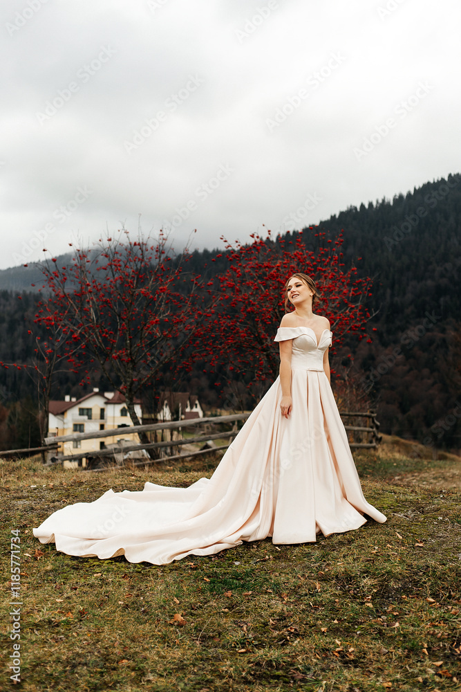 the bride stands on a grassy slope next to a wooden fence. In the background you can see trees with red berries and mountains partially hidden by clouds. the bride stands on a grassy slope next to a wooden fence. In the background you can see trees with red berries and mountains partially hidden by clouds.