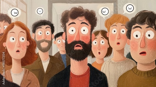 Illustration of a group of people showing various reactions with feedback icons in speech bubbles, highlighting mixed emotions