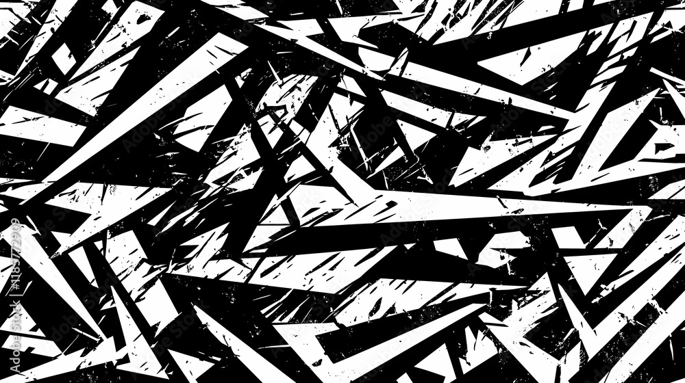 Fototapeta premium Abstract black and white sharp geometric pattern, chaotic design, seamless texture, urban background, for textile printing