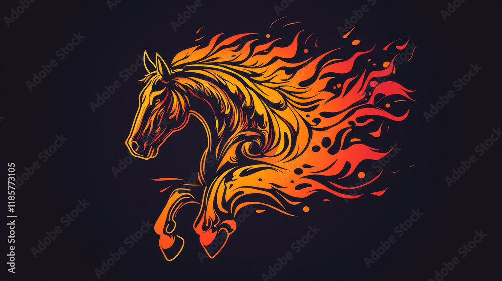 Flaming horse symbol made up of swirling fire flames with tribal ornaments. Sporting team mascot, horse racing or t-shirt print design Flaming horse symbol made up of swirling fire flames with tribal ornaments. Sporting team mascot, horse racing or t-shirt print design