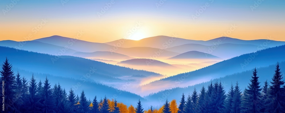 Fototapeta premium Serene Sunrise Over Misty Mountains with Vibrant Forests and Soft Color Palette in an Idyllic Nature Landscape